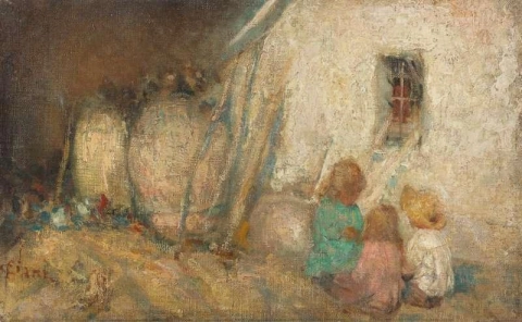 Niños junto a una casa rural