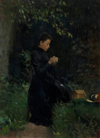 صورة لزوجة الفنان جالسة في الحديقة