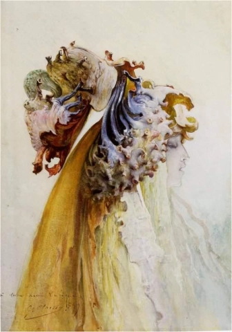 Бюст женщины в профиль с волосами с водорослями и ракушками