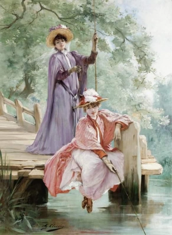 Elegante Damenfischerei um 1900