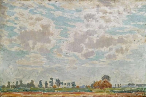 Een bewolkte hemel boven een Belgische boerderij