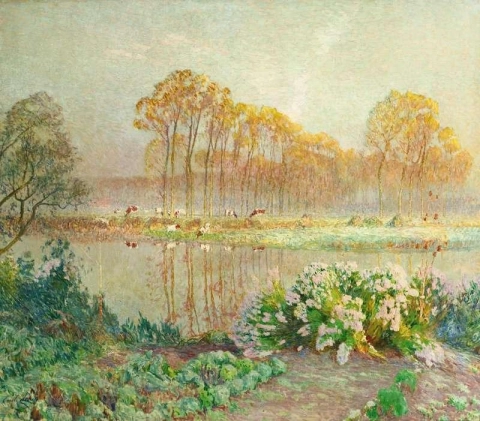 Landschaft mit Teich und Blüten