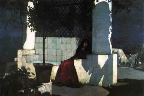 Kvinne sitter i måneskinnet 1901