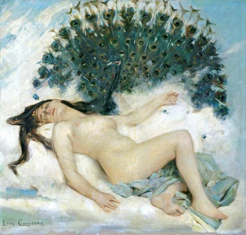 امرأة نائمة مع الطاووس