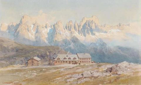 Het berghut Schlernhaus op het hoge plateau van de Schlern-berg met de Dolomieten