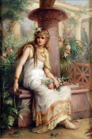 Fanciulla classica in un giardino all'italiana 1880