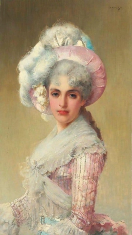 Een elegante dame in een roze hoed en jurk, 1888