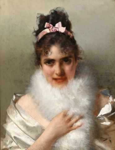 Portrett av en ung dame med en rosa hårsløyfe og pelskrage 1889