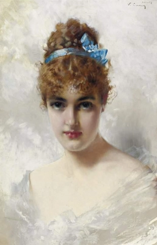 Porträtt av en ung kvinna i vitt 1887