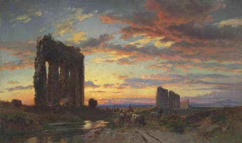 Ein römisches Aquädukt auf der Appia Antica bei Sonnenuntergang