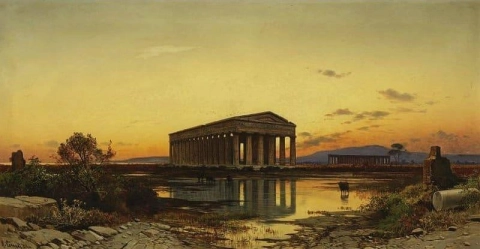 Tempel van Neptunus bij zonsondergang Paestum Italië