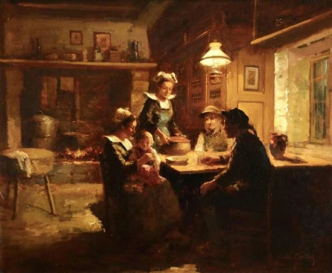 布列塔尼厨房的夜晚，约 1910 年