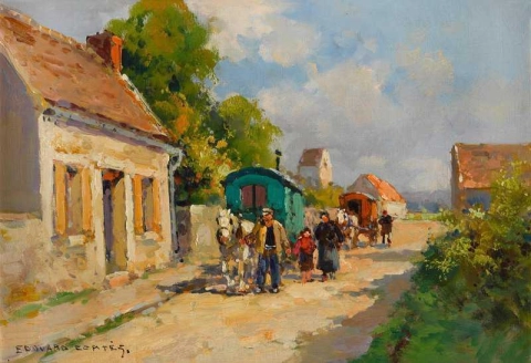 Resenärer som passerar genom en by