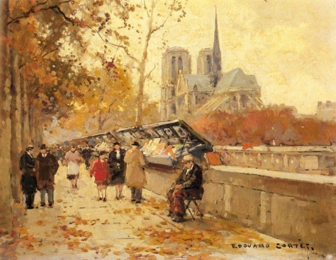Bokselger langs Seinen med utsikt over Notre-Dame