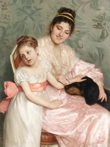 Eine Mutter mit ihrer lieben Tochter und ihrem geliebten Hund