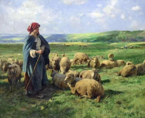 一位年轻的牧羊女正在看守她的絮状物