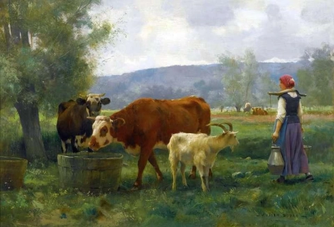 Het jonge melkmeisje met haar kudde