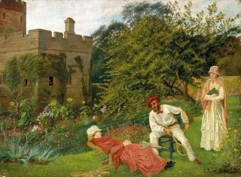 George Howard, 9e graaf van Carlisle, en Rosalind, gravin van Carlisle, zittend in de tuinen van Naworth Castle Cumbria met een metgezel die een boek vasthoudt, 1879