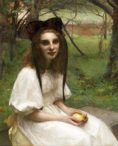 Un retrato de una niña con un vestido blanco.