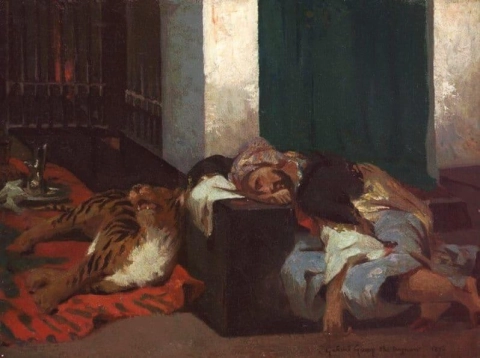 Orientalistische Szene eines schlafenden Mannes und eines Tigers 1872