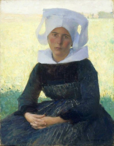 Nainen Breton-asussa istumassa niityllä 1887