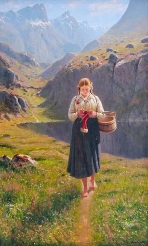 En jente som strikker i et norsk landskap