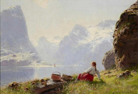 Обширный вид на фьорд с девушкой, отдыхающей на берегу на переднем плане