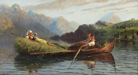 Figuras en un bote de remos en un fiordo 1882