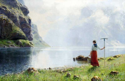 Fjordlandskap Med Девушка