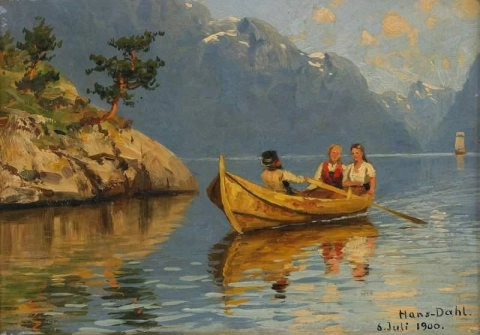 Fjordlandskap Med Salllskap I Roddbat 1900
