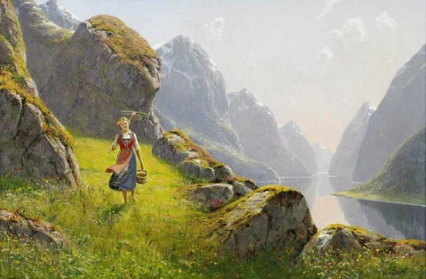 Fjordlandskap Med Vanrande Девушка