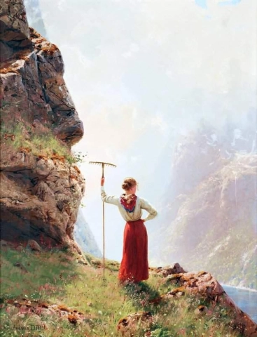 Girl And Fjord Landscape