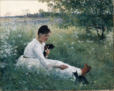 Ragazza con gatti in un paesaggio estivo 1891