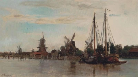 Barcazas amarradas en una vía fluvial holandesa