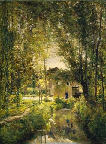阳光明媚的溪流景观，约 1877 年