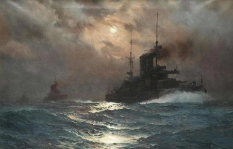 Schlachtschiffe aus der Zeit vor dem Dreadnought in einer Formation, die mit hoher Geschwindigkeit durch die Nacht dampft