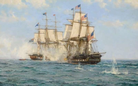 O noivado entre os H.m.s. Shannon e os EUA Chesapeake, 1º de junho de 1813, por volta de 1946