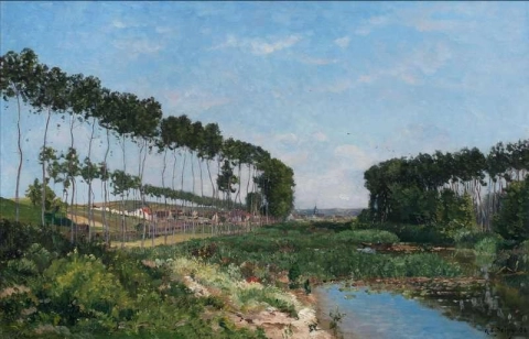 Ett trädkantat flodlandskap En by bortom 1896