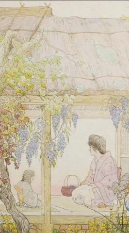Figure giapponesi in un padiglione da giardino 1908