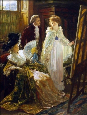 安吉丽卡·考夫曼 (Angelica Kauffmann) 在温特沃斯夫人的介绍下参观雷诺兹先生工作室 1892