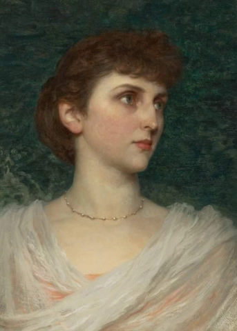 莫德·摩尔身穿粉红色连衣裙、披着白色披肩的头肩肖像，1894 年