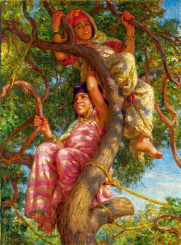 나무에 있는 두 어린 소녀