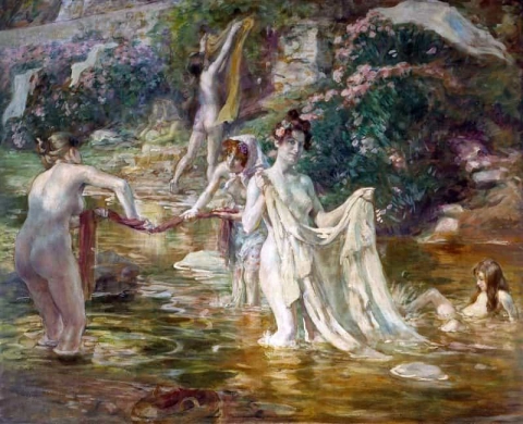 Frauen waschen Kleidung in einem Bach 1896