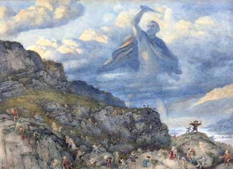الإله ثور يطرد الأقزام من الدول الاسكندنافية بإلقاء مطرقته عليهم عام 1878