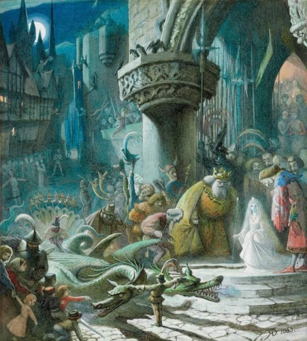 Добрая фея покидает крестины принцессы и направляется к своей карете, запряженной драконом, 1863 г.