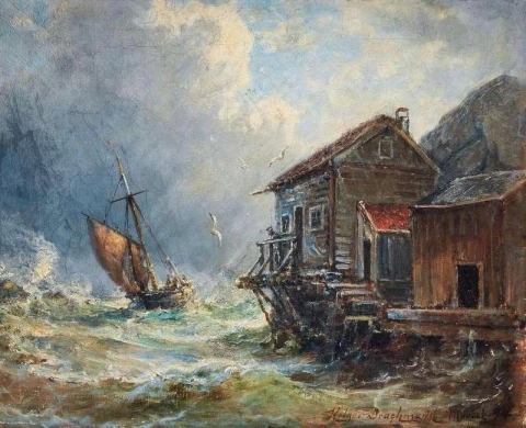Un barco frente a la costa en mar agitado 1894