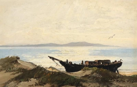 Küstenszene mit an Land gezogenem Schiff, 1887