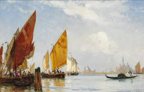 Fischereifahrzeuge und Gondel in der Lagune von Venedig 1884