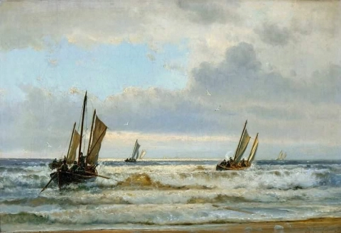 Zeilboten vlakbij de kust 1874