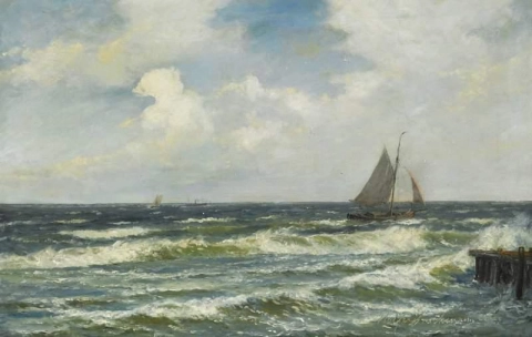 Paisaje marino con barco pesquero y barcos cerca de un muelle en clima ventoso 1891